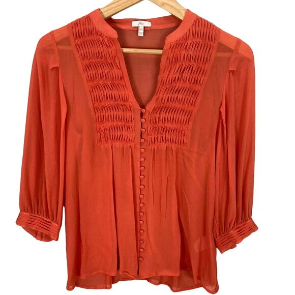 Joie Silk Peasant Blouse Size XS Sheer Orange Pintuck Frayed Edge Balloon Sleeve - Picture 1 of 11